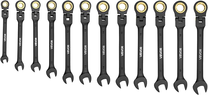 VEVOR 24-piece Ratcheting Wrench Set with 180° Flex Head, Anti-Slip Tooth, Combination Wrench Sets with Organizer Box, Metric 8-19mm & SAE 1/4-3/4", Black Electrophoretic Coating