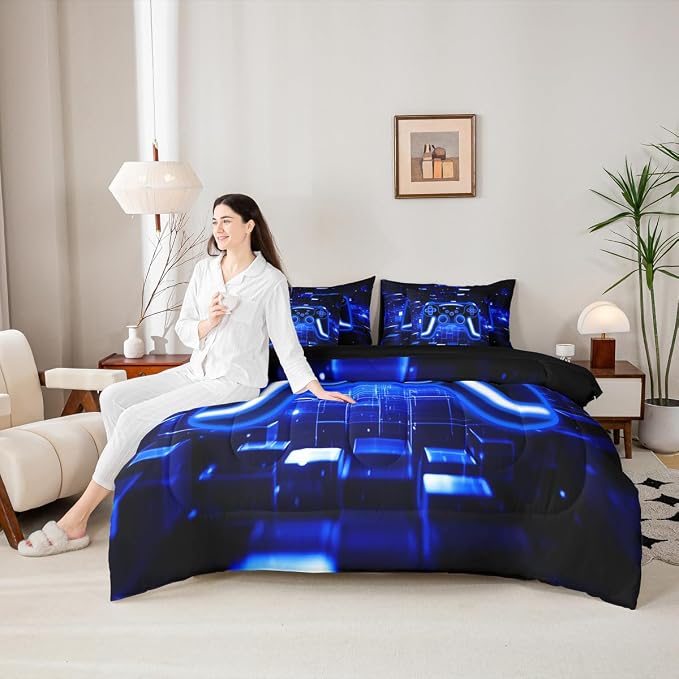Gamer Bed in a Bag King Size Comforter Set 7 Pieces, Gaming Bedding Sets Neon Lights Video Game Console Comforter and Sheet Set, Blue Brick Cube Room Decor,Gamer Decor for Boys Bedroom