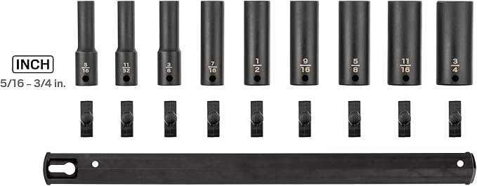TEKTON 3/8 Inch Drive Impact Socket Set, 9-Piece | SID91101 | (5/16 - 3/4 in.), Deep, 6-Point, Socket Rail