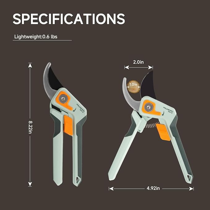 PrunePro Pruning Shears for Gardening - 8" Professional Bypass Hand Pruner Up to 1 Inch Cut Capacity Sharp Stainless Steel Blade Garden Scissors Plant Flower Garden Clipper 1 Pack