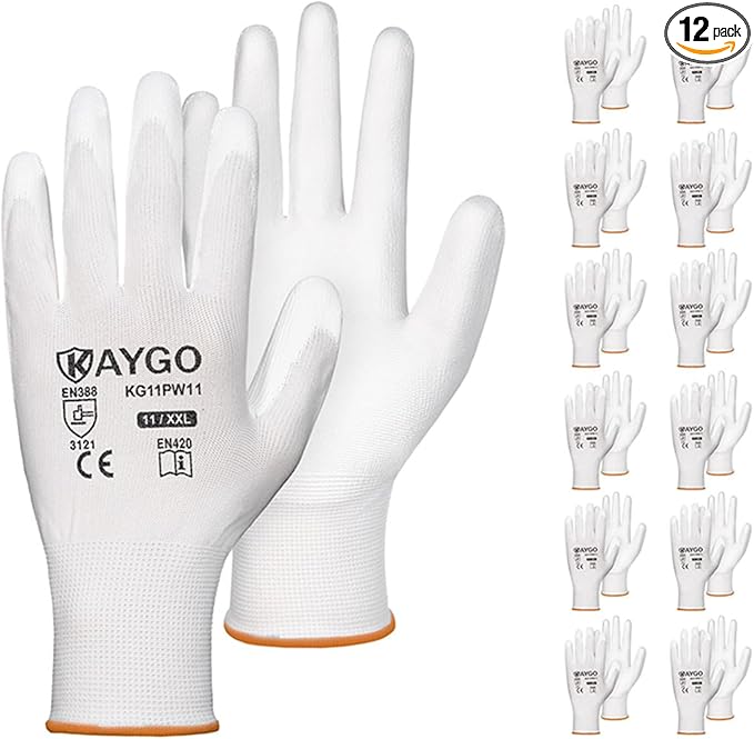 KAYGO Work Gloves for Men and Women, 12 Pairs Seamless Knit PU Coated Safety Gloves, with Smooth Grip on Palm and Fingers, Ideal for Light Warehouse, Manufacturing, Gardening, KG11P (2XL, White)