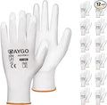 KAYGO Work Gloves for Men and Women, 12 Pairs Seamless Knit PU Coated Safety Gloves, with Smooth Grip on Palm and Fingers, Ideal for Light Warehouse, Manufacturing, Gardening, KG11P (2XL, White)