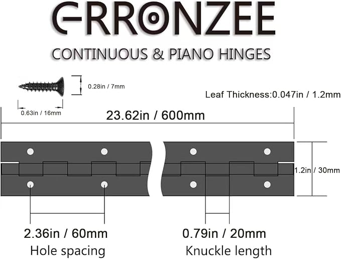 2PCS Heavy Duty Piano Hinge 24 Inch x 1.2 Inch Open Width Stainless Steel Black Continuous Hinge for Cabinet, Door, DIY Wood Boxes, 0.047" Leaf Thickness