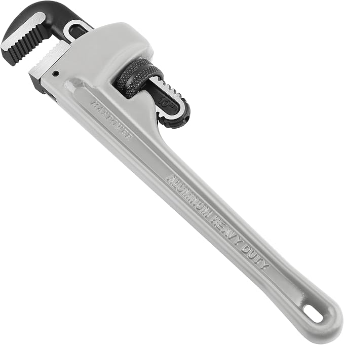 MAXPOWER 10 inch Straight Pipe Wrench, 1 inch Jaw Capacity | 40% Lighter Aluminum Adjustable Plumbing Wrench, Cr-Mo Jaw, Drop Forged