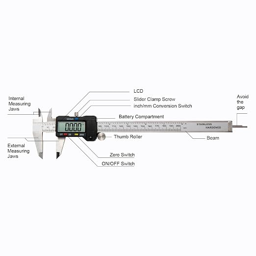 Digital Caliper 0-8" Measuring Tool with Metal Ruler, Micrometer Caliper with Auto-Off Feature, Interchangeable Between inches and millimeters for DIY/Household and 3D Printing, Black