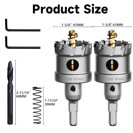Metal Hole Saw 1-5/8''(41mm) 2Pcs Set Heavy Duty Tungsten Carbide Tipped Hole Cutters Set with a nitrided Step Drill and L-flench, for Steel Iron,Aluminum,Stainless stell