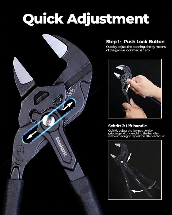toolant 10-INCH Plier Wrench, CR-V Construction Adjustable Wrench With Pouch, Black Finish Smooth Jaw Pliers, Parallel Jaws with Comfortable Grips, Suitable for All Types of Nuts, Water Pipes, etc