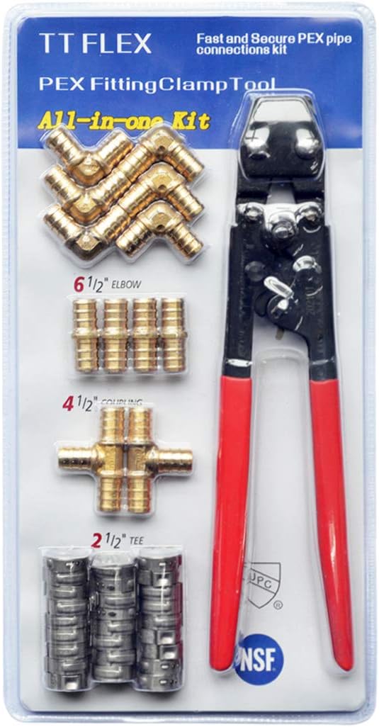 TTFLEX PEX Clamp Tool Kit with 26 PCS 1/2" Cinch Clamp Rings, PEX Crimping Tool Kit with 12 PCS 1/2" Brass Tee Elbow Coupling Pipe Fittings