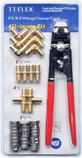 TTFLEX PEX Clamp Tool Kit with 26 PCS 1/2" Cinch Clamp Rings, PEX Crimping Tool Kit with 12 PCS 1/2" Brass Tee Elbow Coupling Pipe Fittings