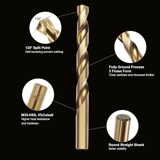 115Pcs Cobalt Drill Bit Set (1/16"-1/2"), M35 HSS, 135 Degree Tip, Twist Jobber Length for Hardened Metal, Stainless Steel, Cast Iron, Wood, and Plastics, with Index Storage Case