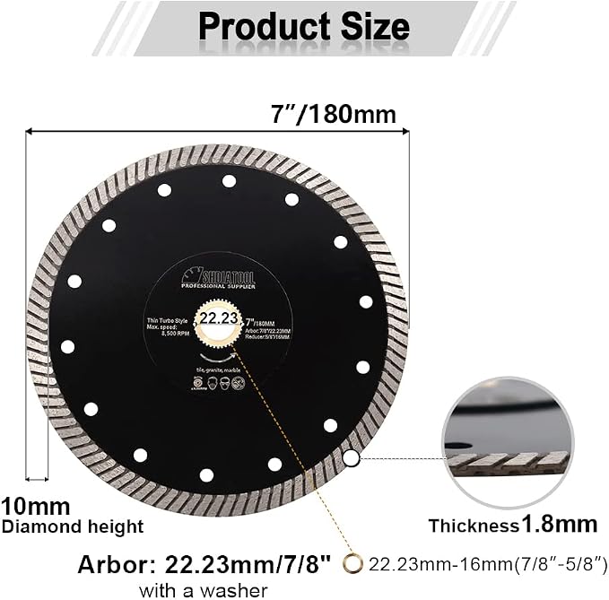 SHDIATOOL Diamond Turbo Blade 7 - Inch Super Thin Cutting Disc for Porcelain Ceramic Tile Granite Dia 180mm 3pieces