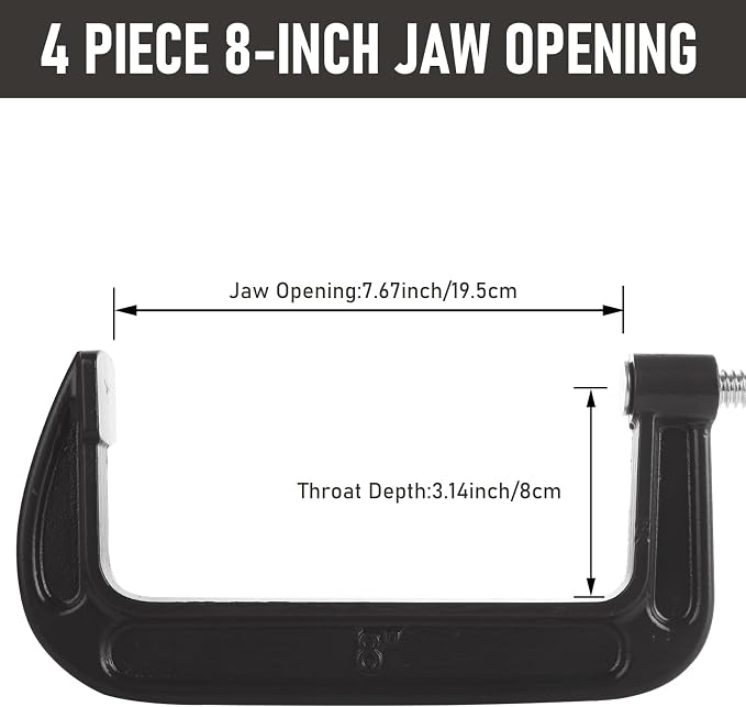 4Pcs 8 Inch C Clamp Heavy Duty C-Clamps Quality Iron C-Clamps Industrial Strength C Clamp Set for Woodworking Welding Building Metal Workpiece