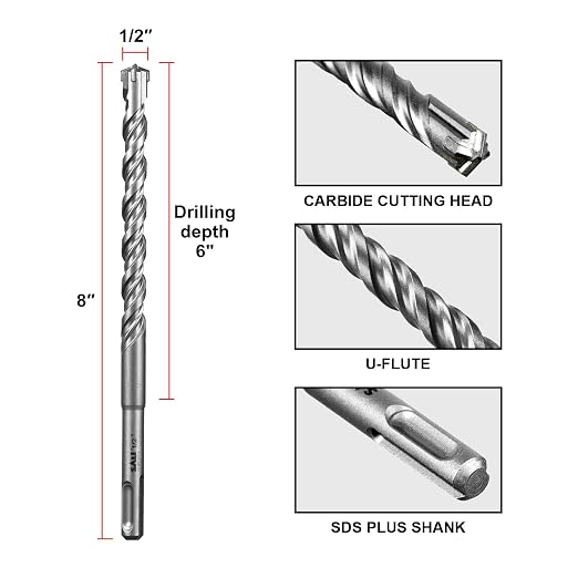 SALI 10PCS 1/2"*8" SDS Plus Rotary Hammer Drill Bit Kit for Concrete, Brick, Cement Walls, Stone - Cross-Type Double Thread Carbide Material