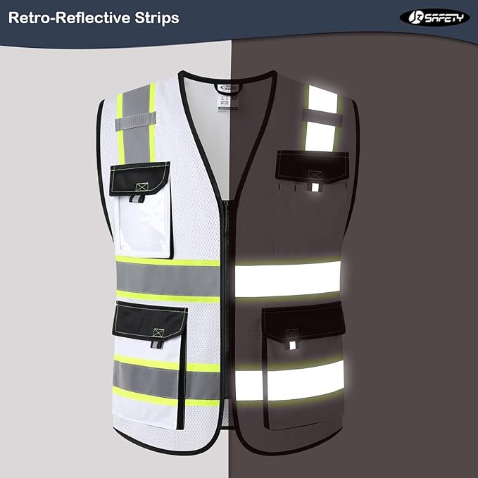 JKSafety Hi Vis Reflective Safety Vests for Men Women High Visibility Vest with Pockets Mesh Fabric Construction Safety Apparel Neon Vest for Work (220-White 3XL)