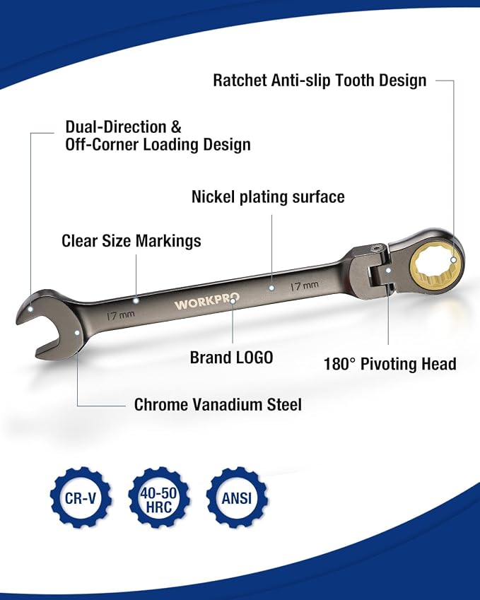 WORKPRO 8-piece Ratcheting Combination Wrench Set, Metric & Nickel Plating | Metric 9-17 mm, 180° Flex-Head, 72-Teeth Cr-V Steel, Combination Wrench Set with Organization Bag for Auto Repair & Home DIY