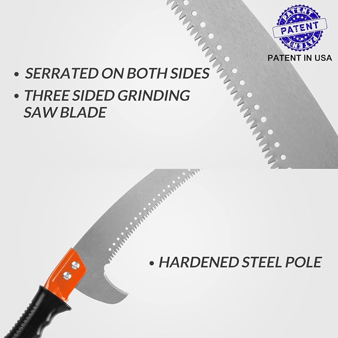 10FT Pole Saw for Tree Trimming 2-in-1 Hand Saw Steel Blade Tree Pruner | Adjustable Extension Pole with Triple Ground Tooth Blade and Dual Hooks for Cutting Branches in Yard Garden Patio