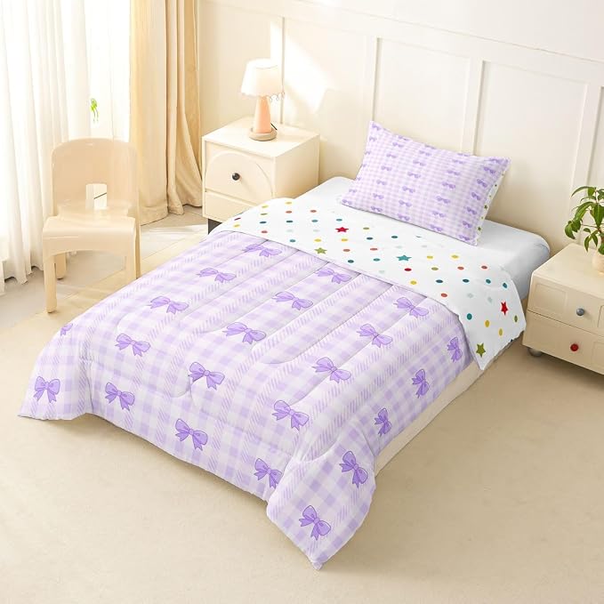 Feelyou Purple Bow Checkered Kids Comforter Set Toddler Size Chic Grid Bowknot Bedding Set Girly Duvet Quilt for Kids Boys Girls Bedroom Decor Microfiber Ultra Soft Breathable