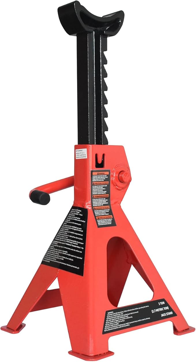 Amazon Basics Steel Jack Auto Stands, 3 Ton (2.7 metric Ton) Capacity, Easy to Use, Adjustable Height, 6,000 lb, 1 Pair, Black and Red