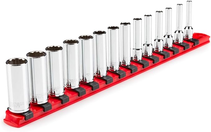 TEKTON 1/4 Inch Drive 12-Point Socket Set, 14-Piece | SHD90114 | (4 - 15 mm), Deep, Socket Rail