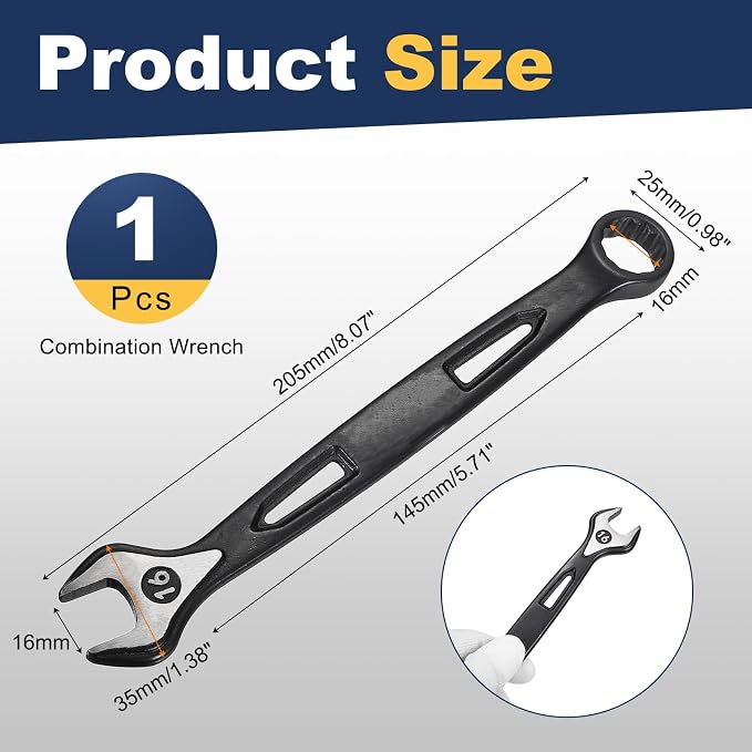 HARFINGTON Combination Wrench 16mm Metric Extra Long 12-Point Box and Open End Carbon Steel Double Ended Industrial Grade Spanner for Automotive Furniture Machinery DIY Repair, Black