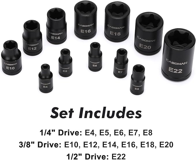 CASOMAN 25 Piece Torx Bit Socket and External Socket Set, 13 Star Socket Bits (T8- T60)& 12 Female E-Torx Sockets (E4-E22)