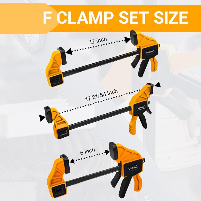 SUNBABA 6 Pack Clamps for Woodworking 12”(4)&6”(2) Light Duty One-Handed F Clamp/Spreader Bar Clamps Set 150LBS Load Limit with Quick Change Button