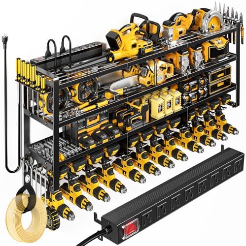POKIPO Power Tool Organizer Wall Mount with Charging Station, 4 Tier Tool Battery Storage Rack Built in 8 Outlet Power Strip for Garage, 49" W, Black