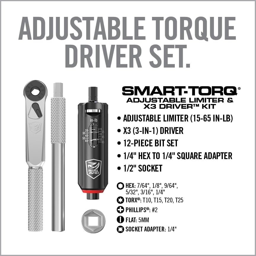 Real Avid Smart-Torq & X3 Driver Kit - Adjustable Limiter 15-65 In-Lbs, 3-in-1 X3 Driver Ratchet, T-Handle, Screwdriver, 12 Bits in a Compact Case