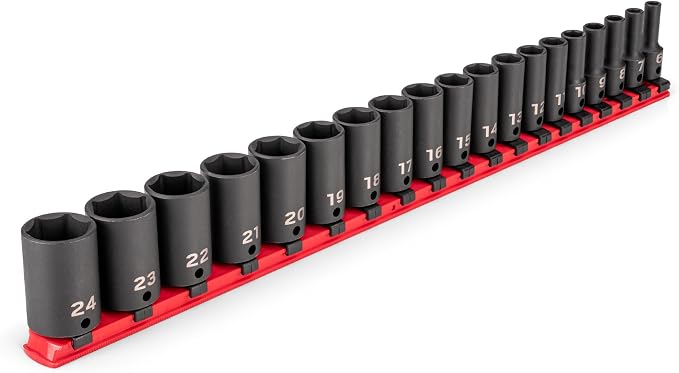 TEKTON 3/8 Inch Drive Impact Socket Set, 19-Piece | SID91117 | (6 - 24 mm), Semi-Deep, 6-Point, Socket Rail