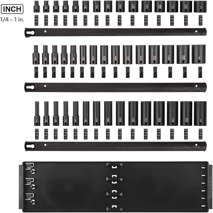 TEKTON 3/8 Inch Drive Impact Socket Set, 45-Piece | SID91122 | (1/4 - 1 in.), Shallow, Semi-Deep, and Deep, 6-Point, Socket Rail