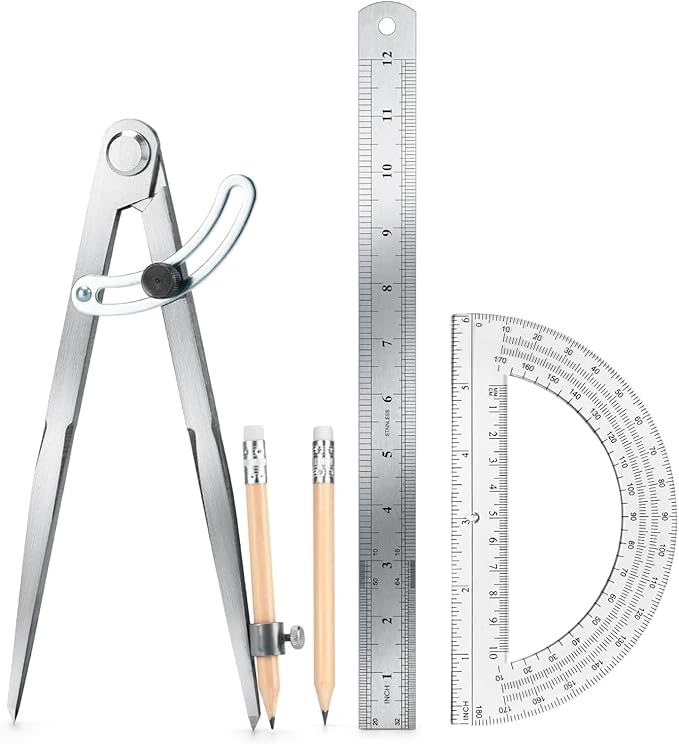 Compass Geometry Tool, Drawing Compass, Professional 12 Inch Large Compass with Wing for Woodworking, 6 Inch Protractor, 12 Inch Ruler, 2 Pencil for Carpenter, Drafting