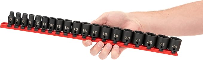 TEKTON 3/8 Inch Drive Impact Socket Set, 19-Piece | SID91106 | (6 - 24 mm), Shallow, 6-Point, Socket Rail