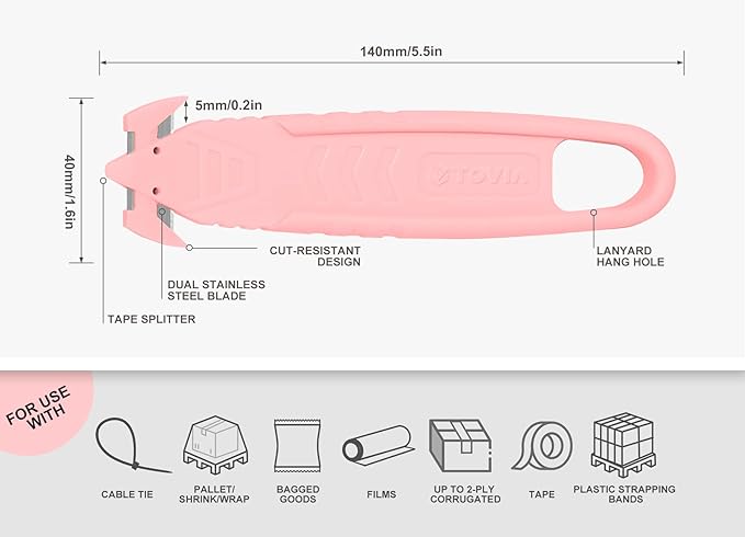 50Pcs T TOVIA Safety Box Cutter Knife of Recessed Concealed Stainless Steel Blade, Package Opener Plastic Cutter for Box, Carton, Shrink Wrap, Plastic Straps, 5Color.