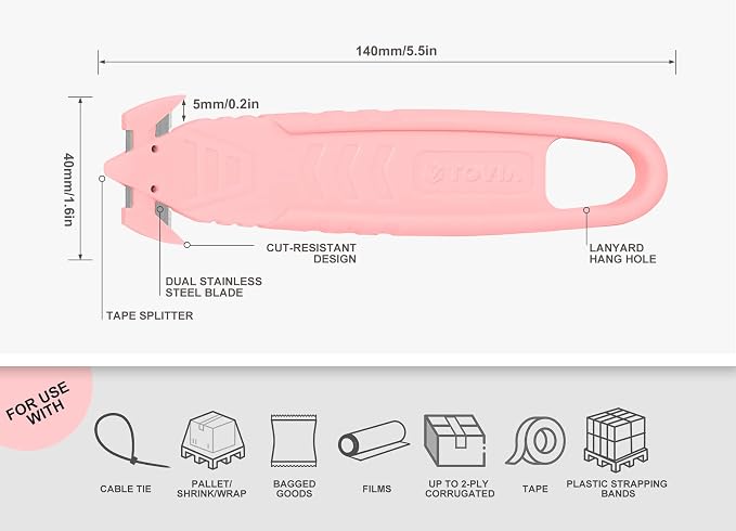 T TOVIA Safety Box Cutter Knife of Recessed Concealed Stainless Steel Blade, Package Opener Plastic Cutter for Box, Carton, Shrink Wrap, Plastic Straps, 10pcs Pink