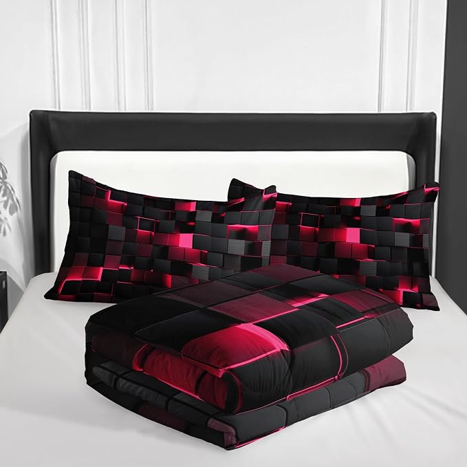 Nttopship Geometric Pink Black Comforter Set,Light Honeycomb 3 Piece Bedding Set Queen Size for Teen Boys,Modern Quilt Set Geometry Decor,Microfiber Lightweight 1 Comforter 2 Pillowcases All Season