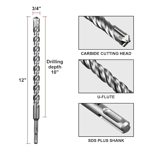 SALI 3 Pcs 3/4"*12" SDS Plus Rotary Hammer Drill Bit Concrete Drill Bit Kit Cross-Type Double Thread Carbide Material Suitable for Brick, Cement Walls, Stone, Hammer Drill Bits