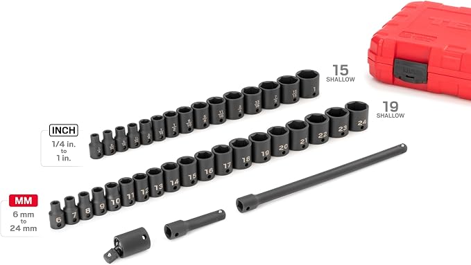 TEKTON 3/8 Inch Drive 6-Point Impact Socket Set, 37-Piece (1/4-1 in., 6-24 mm) | SID91402 | (1/4 - 1 in., 6 - 24 mm), Shallow, 6-Point, Case