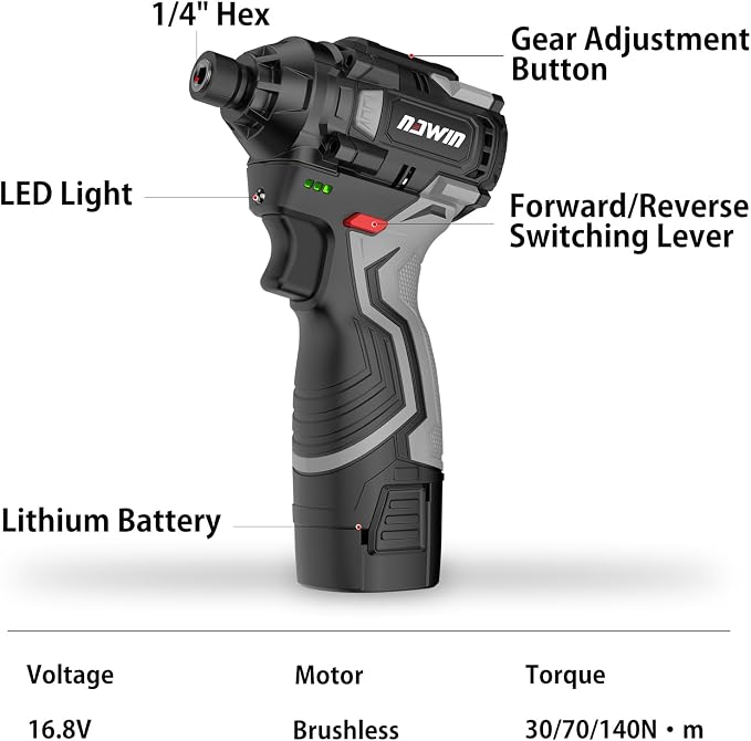 NAWIN Cordless Impact Driver Kit 16.8V Max Torque 140Nm（105ft-lbs）High Rotation Electric Impact Driver Brushless Motor Continuously Variable Rechargeable 1/4" impact driver 2.0Ah Batteries