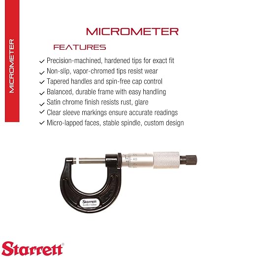 Starrett Outside Micrometer with One-Piece Spindle, Satin Chrome Finish and Advanced Sleeve Design - Quick and Easy Adjustment, 0-25mm Range, .001mm Graduation - V436.1MXRL-25