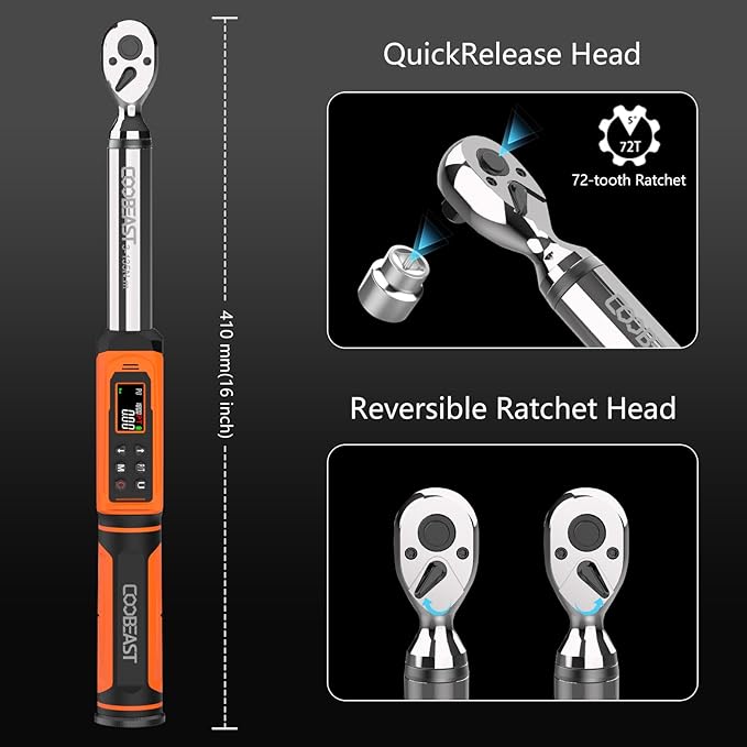 coobeast Digital Torque Wrench, 3/8 Drive Electronic Torque Wrench with Preset Value(1.5-99.5 Ft-lbs./2-135Nm), Buzzer and LED Flash Five Units of Measure for Bike Motorcycle Car