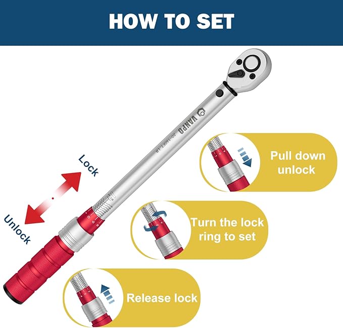 VANPO 3-Piece Click Torque Wrench Set 1/4", 3/8", 1/2" Drive – 20-240 in-lb, 5-45 ft-lb, 20-160 ft-lb, ±3% Accuracy, Dual Direction 72-Tooth Ratchet for Bike, Motorcycle, Car & Automotive Use