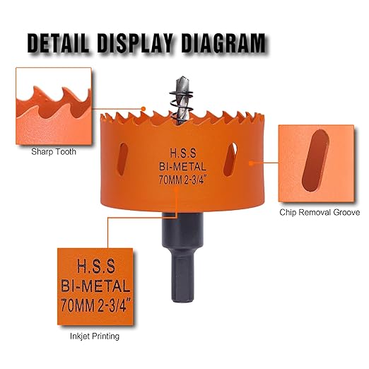 2-3/4 inch Hole Saw with Arbor for Metal Wood Plastic, 2-3/4 in Bimetal Hole Cutter for Different Project with Smooth and Flat Drilling Edge, Fast Chip Removal