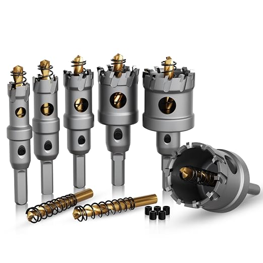 Hole Saw 8 PCS, Hole Saw for Metal, TCT Hole Cutter, 6Drill Saws with 2* Extra Pilot Center Bits, 2* Springs for Metal, Iron and Stainless Steel, Hard Materials