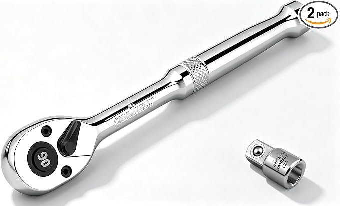 HORUSDY 1/4" Drive 90-Tooth Quick-Release Ratchet Handle with 1/4" to 3/8" Adapter, Reversible Thin Profile Socket Wrench, 4° Swing Arc, Ergonomic Anti-Slip Grip, Ideal for Auto, Bike & Home Repair