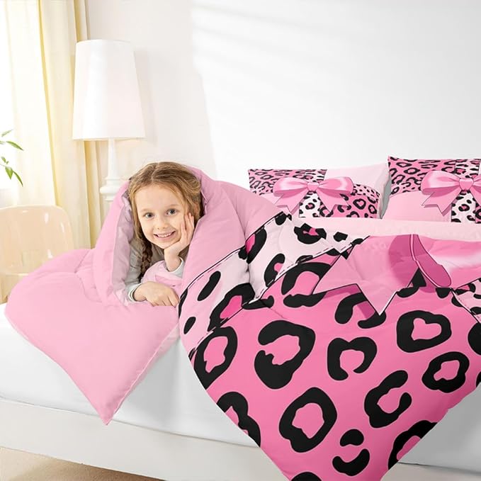 Feelyou Pink Leopard Print Comforter Set All Season Cheetah Bow Bedding Set with 2 Pillow Cases Animal Fur Microfiber Kids Full Bedclothes Bedroom Decor Duvet Quilt Breathable Soft Lightweight