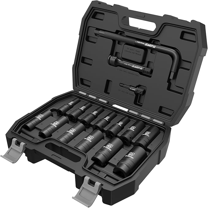 OTLOOMTBT 16PCS 1/2 In Drive Thicker Impact Socket Set, High Durability Industrial Grade Deep Metric Sizes Sockets Sets, with L Handle 5 In Extension Bars & Drill Socket Adapter with Premium Organizer