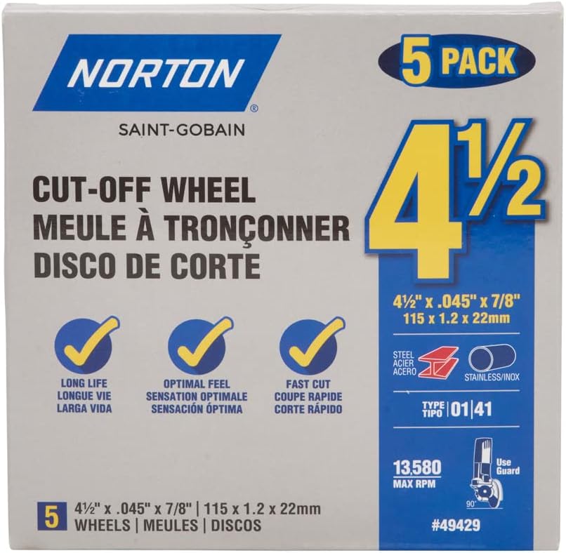 Norton 4-1/2-Inch Cut Off Wheels, Pack of 5 - Aggressive Cutting Discs for Angle Grinder, General Purpose Cutting for Metal & Stainless Steel
