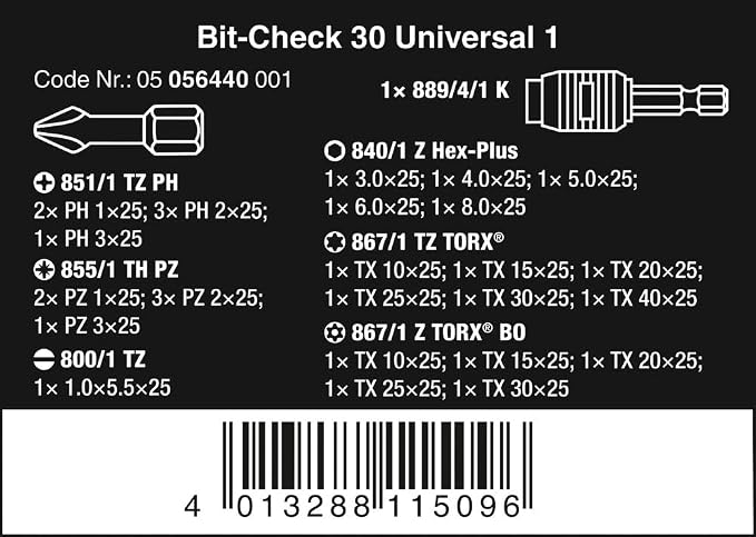 WERA 05056440001 Bit Check Set BC Universal/30 Piece Set 1-BiTorsions Rapidaptor 897/4 and 29 Bitorsions Bits by WERA