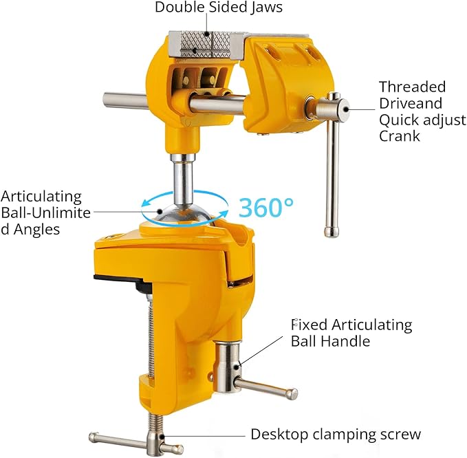 Bench Vise, 360° Swiveling Articulating Vise, Clamp-On Vise for Workbench, Cast Steel Table Clamp Vise, Pipe Vise, Bench Vice for Woodworking, DIY, Drilling, Sawing, Metal Working