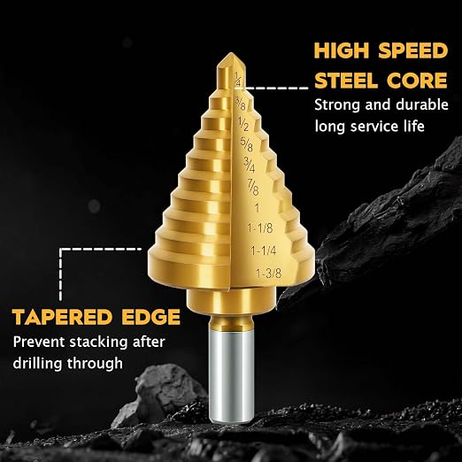 Titanium Step Drill Bit - 4241 HSS Step Bit with Two Straight Grooved, 1/4" to 1-3/8" Step Bit for Metal, 10 Sizes HSS Step Drill Unibit for Metal, Aluminum, Wood & Plastic
